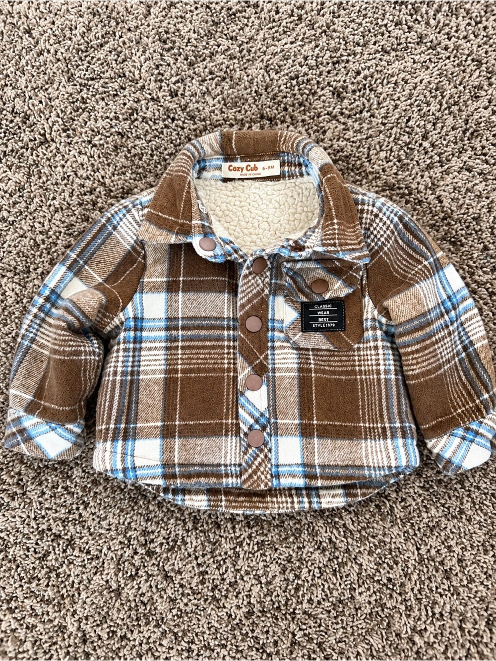 Classic Cozy Cub Brown White Blue Plaid Button-Down Shirt Jacket